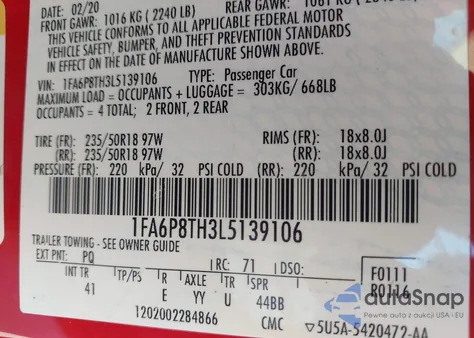 2020 Ford Mustang Ecoboost Premium Fastback z USA, uszkodzony, nr VIN 1FA6P8TH3L5139106